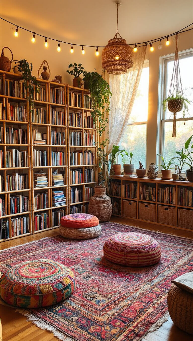 Cozy bohemian book sanctuary with rattan and bamboo shelves, vintage rugs, colorful poufs, string lights, and eclectic global decor at golden hour.