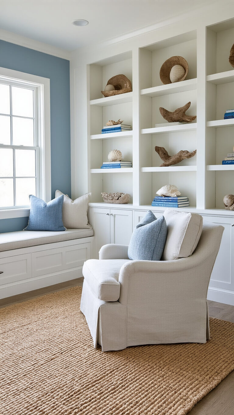 Coastal library retreat with whitewashed built-ins, linen chair, jute rug, and ocean-toned accent wall
