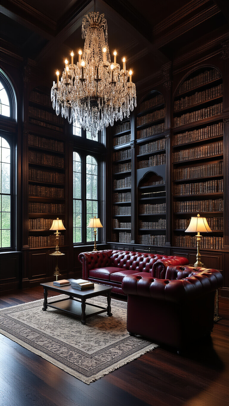 Modern Gothic study with dark mahogany bookshelves, oxblood leather Chesterfield sofa, crystal chandelier, and brass library lamps in moody blue hour lighting.