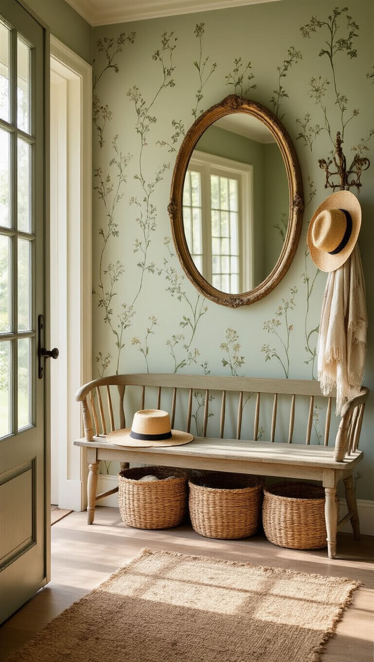 Golden hour light fills a cozy 8x10ft entryway with sage green wildflower wallpaper, a weathered oak bench under an oval mirror, woven baskets, vintage brass coat rack with hats and scarves, and a jute runner leading inside.