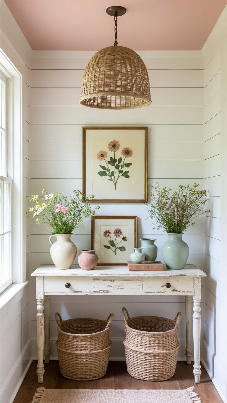 Cozy cottage entryway with cream console table, pressed flower frames, and wildflowers under a rattan pendant light, featuring white shiplap walls and blush pink ceiling.
