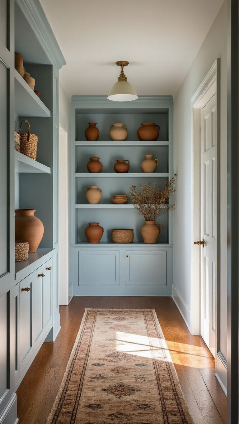 Serene, narrow hallway with vintage runner, soft blue built-in storage, earthenware décor, and dramatic skylight shadows.
