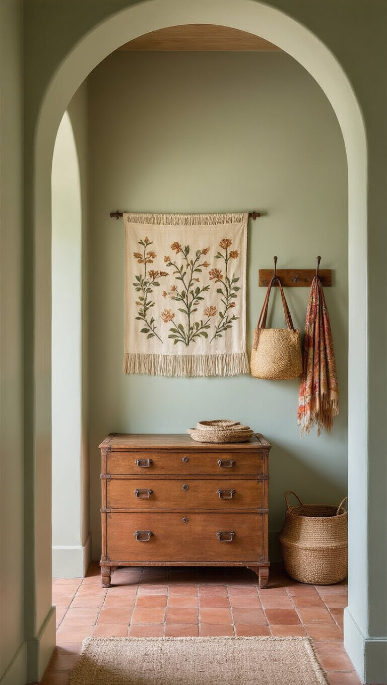 Sunlit 10x10ft entryway with arched doorway, botanical tapestry on pale sage walls, antique pine chest with copper pulls, mixed-metal hooks holding straw bags and scarves, terracotta patterned tiles, and soft lighting highlighting textures in earth tones.