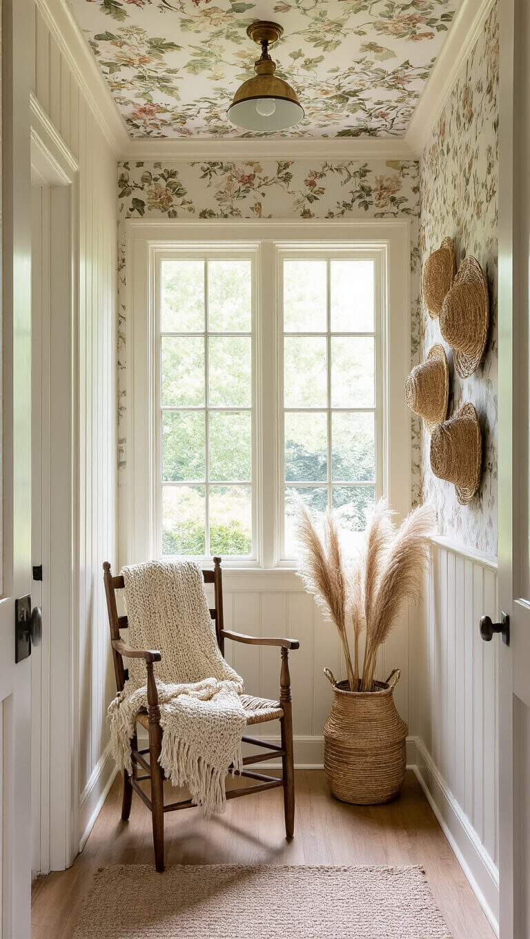Cozy entryway nook with morning light through leaded glass, featuring cream beadboard walls, floral wallpaper ceiling, vintage chair with knit throws, woven basket wall art, and brass umbrella stand with pampas grass.