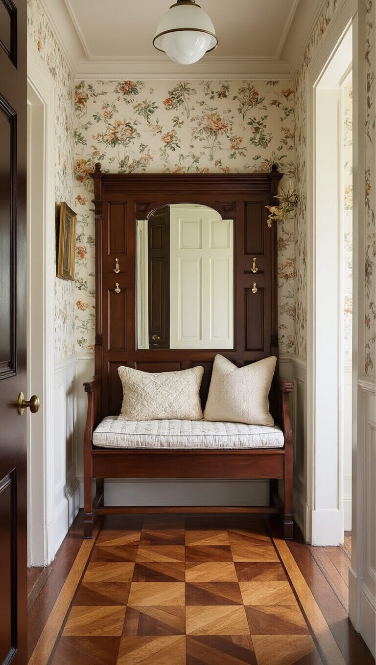 Victorian-style entryway with restored parquet floors, vintage floral wallpaper, mahogany hall tree, and quilted bench cushion, warmly lit at dusk.