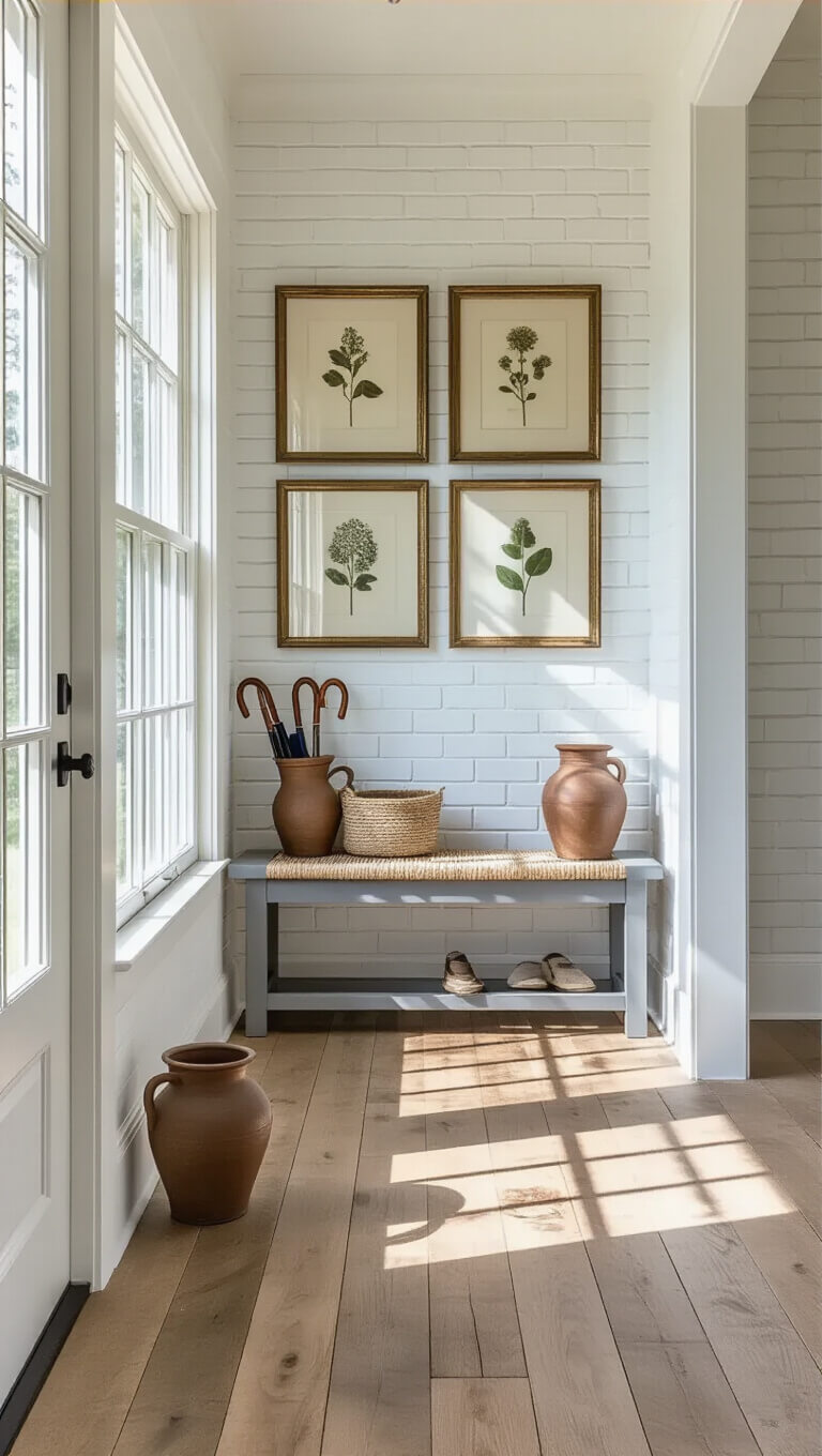 Bright farmhouse entryway with white-washed brick walls, wide-plank pine floors, a gray boot bench with woven rope seat, brass-framed botanical art, vintage crocks for umbrellas, and dramatic midday lighting.