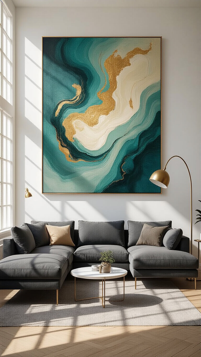 Bright living room with charcoal gray sectional, abstract teal and gold canvas above, sunlit through tall windows, brass floor lamp arched over sofa.