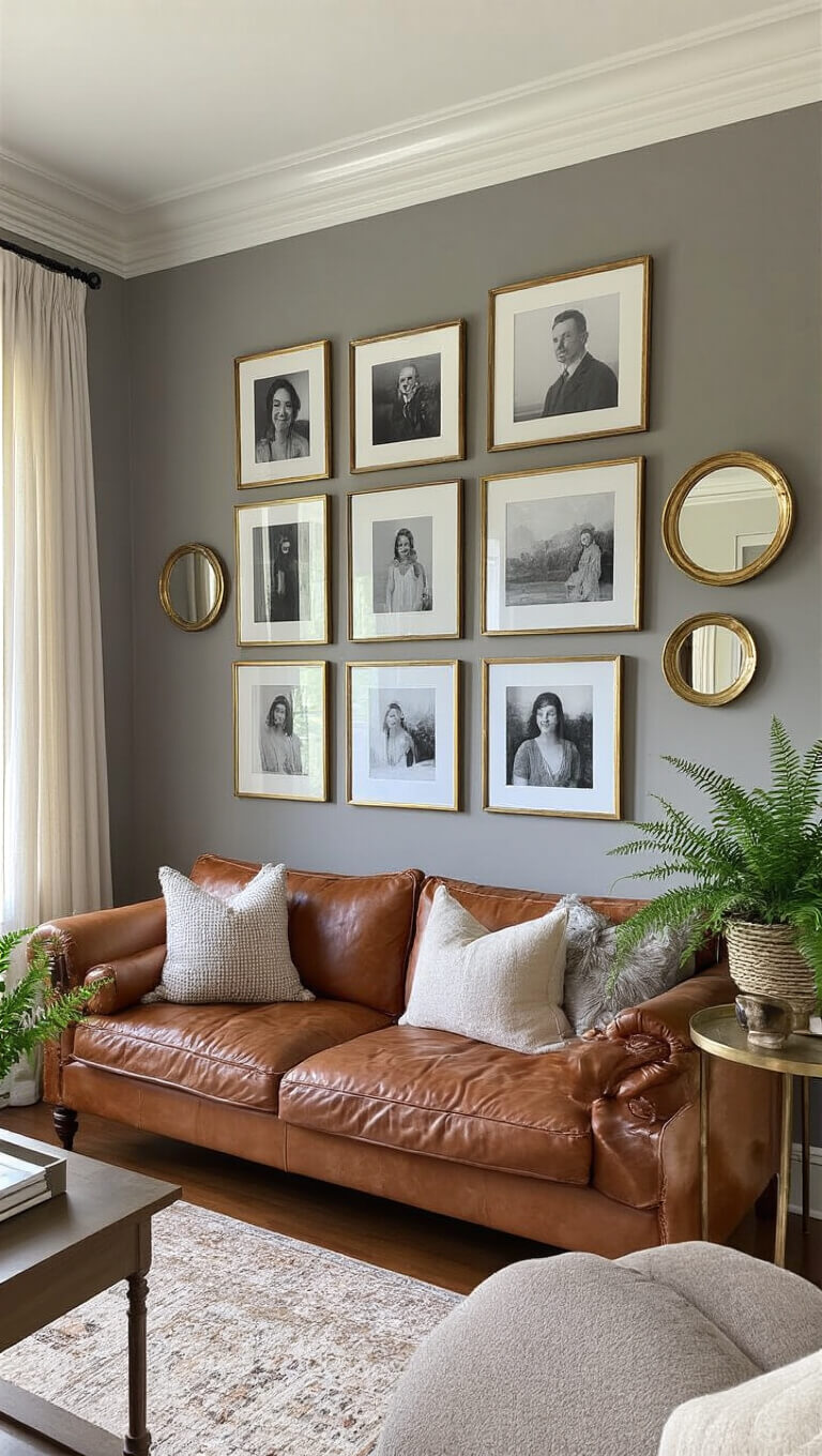 Cozy 12x14ft living room with warm gray walls, vintage cognac leather sofa, and an 8ft gallery wall of black-and-white photos, gold botanical prints, and mirrors; accented by morning light through linen curtains and vintage brass décor with potted ferns.