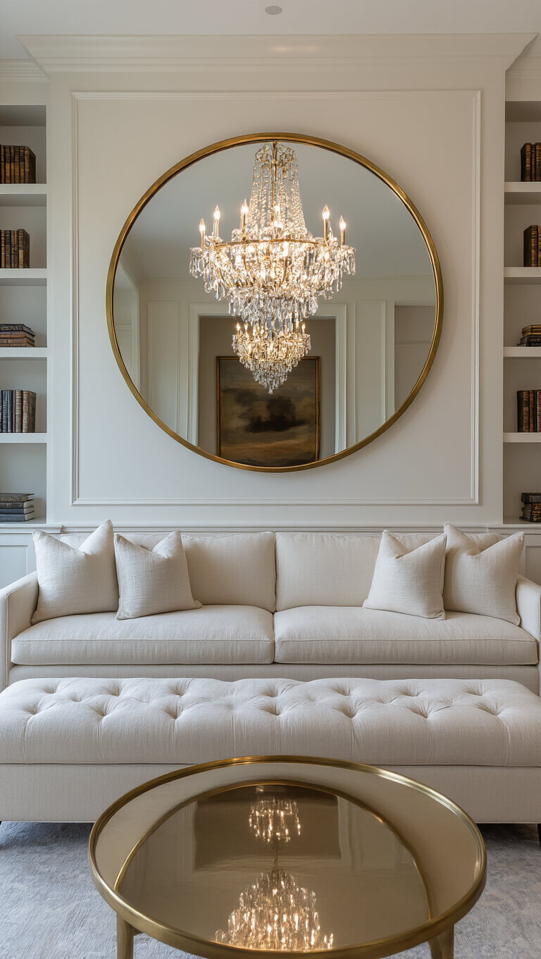 Contemporary 16x18ft living room with large round brass-framed mirror above ivory linen sofa, reflecting chandelier and built-in bookcases, styled in cream, brass, and pale blue tones under dusk lighting.
