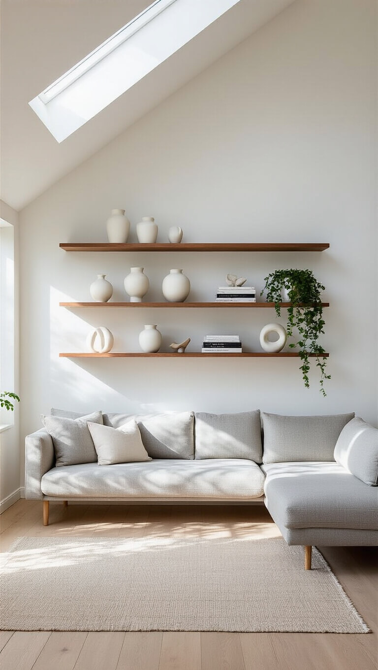 Scandinavian-style room with light gray sofa and three staggered walnut floating shelves on white wall, styled with ceramics, books, plants, and sculptures; pale oak flooring and soft skylight shadows add depth.