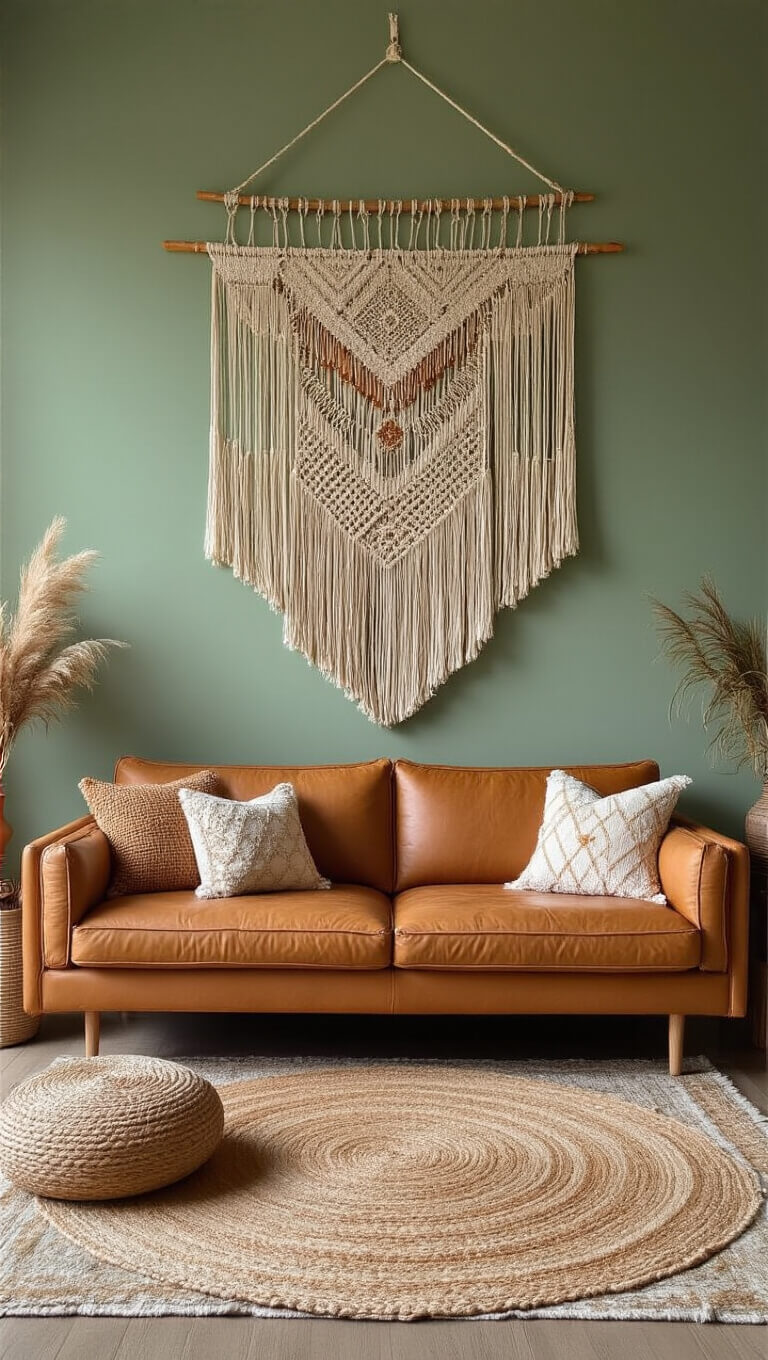 Bohemian living room with sage green walls and large handwoven macramé wall hanging above camel leather sofa, bathed in golden hour light.