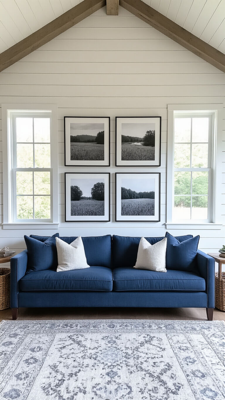 Modern farmhouse living room with shiplap accent wall featuring four symmetrically arranged black and white landscape photos in white distressed frames above a slate blue sofa, lit by afternoon western light.