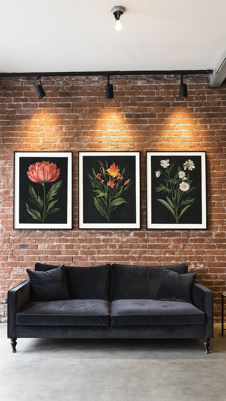 Industrial loft with exposed brick wall, charcoal velvet sofa, and three large vintage botanical prints in black frames under dramatic accent lighting.