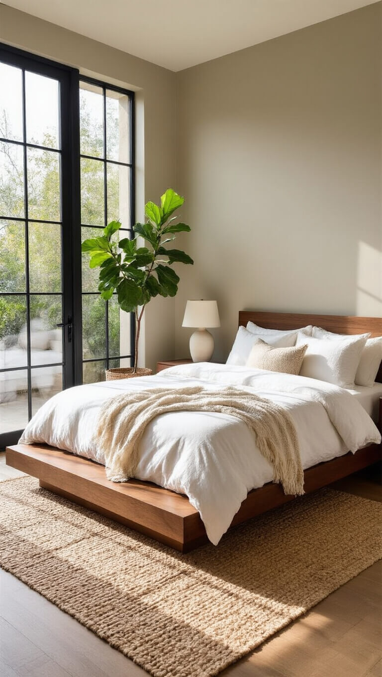 Modern 14x16ft bedroom with walnut platform bed, white linen bedding, jute rug, and morning light through floor-to-ceiling windows.