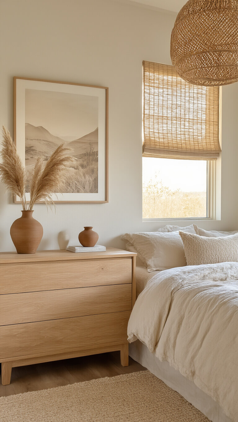 Cozy 12x12ft bedroom at golden hour with light oak dresser, oatmeal bedding, rattan pendant, and pampas grass in earthenware vase.