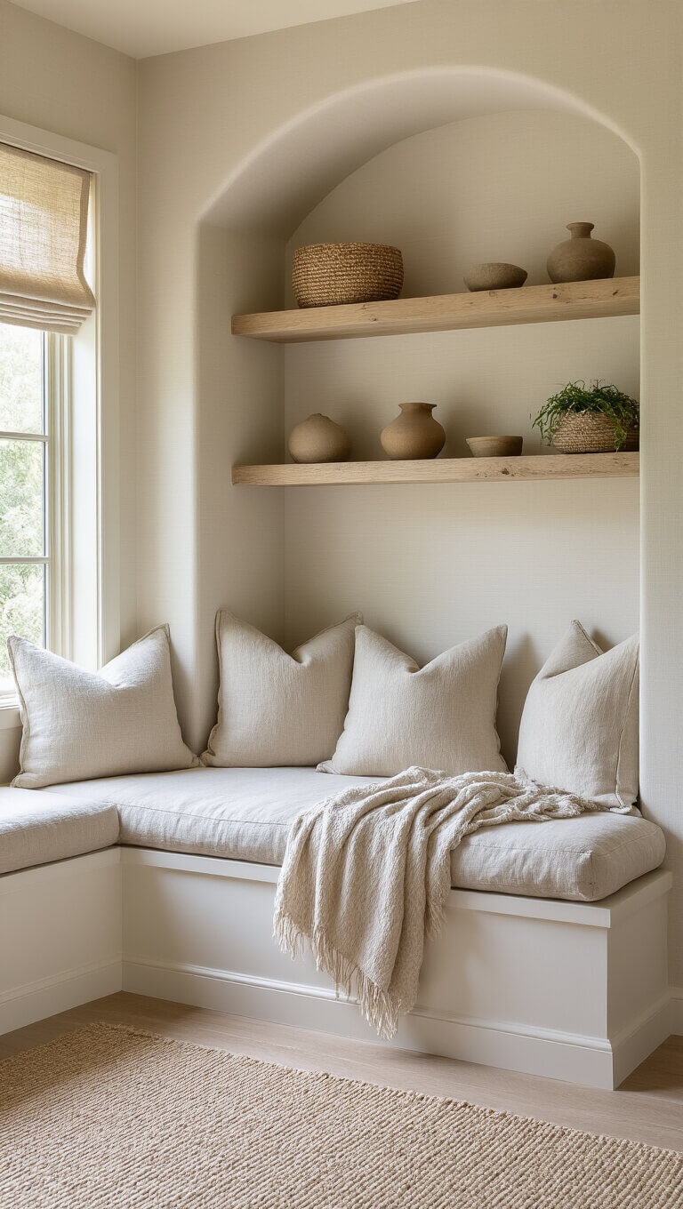 Cozy bedroom nook with built-in window seat, natural linen cushions, stone and sand-toned pillows, handwoven throws, and bleached oak shelves holding ceramics and air plants.