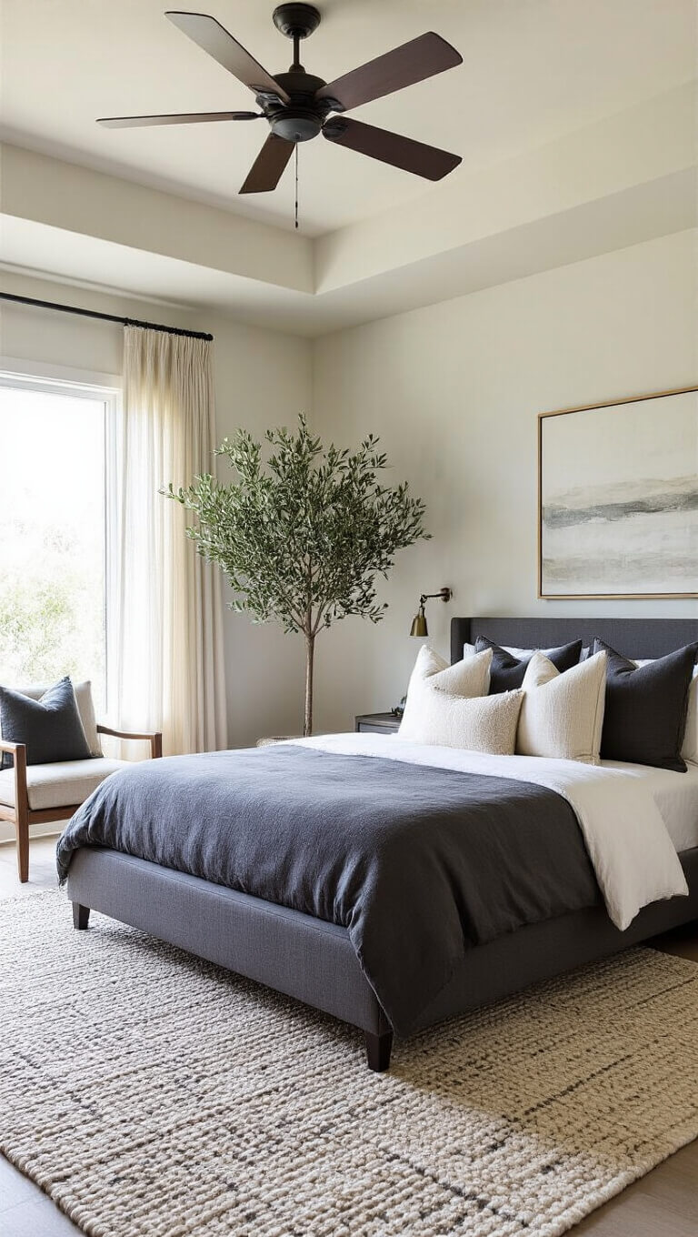 Contemporary master bedroom with tray ceiling, platform bed in charcoal linen, geometric wool rug, bouclé reading chair, potted olive tree, and dramatic afternoon light through sheer curtains.