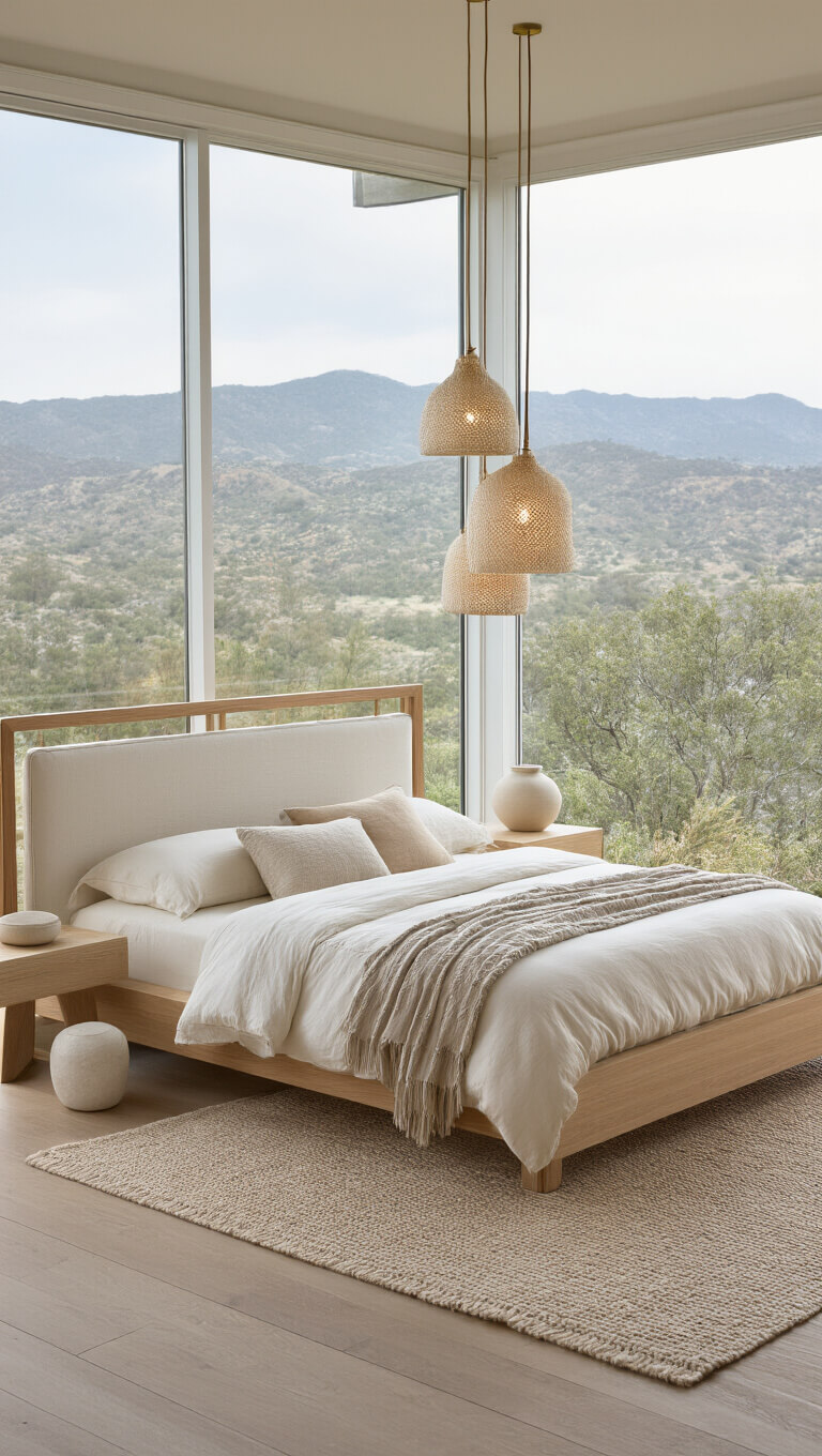 Minimalist bedroom with California king bed, white oak low headboard, layered neutral bedding, ceramic pendant lights, and stone side tables with brass accents, overlooking nature.