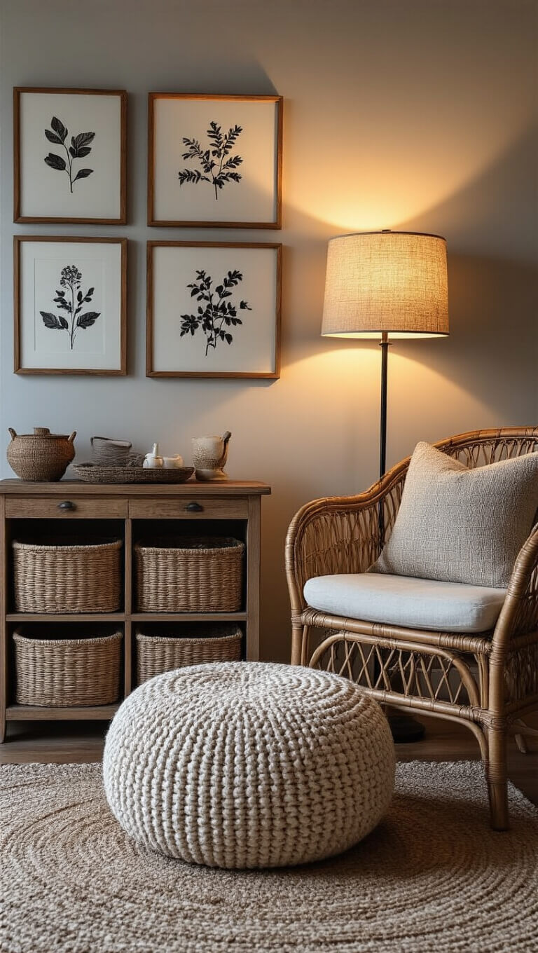 Cozy bedroom corner at dusk with rattan chair, wool pouf, warm floor lamp, botanical prints, and woven baskets under console.