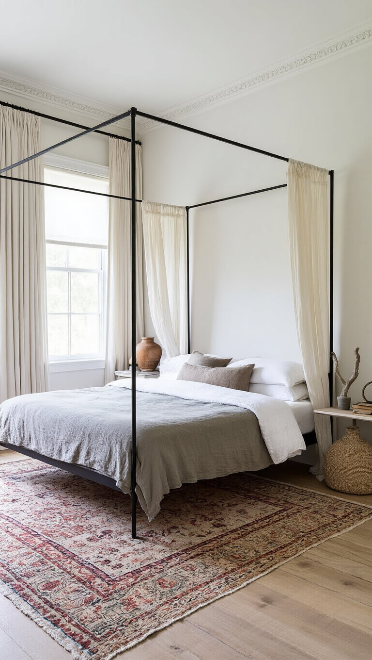 Light-filled bedroom with high ceilings, modern black canopy bed, vintage Moroccan rug over sisal, and soft natural light through gauzy curtains.