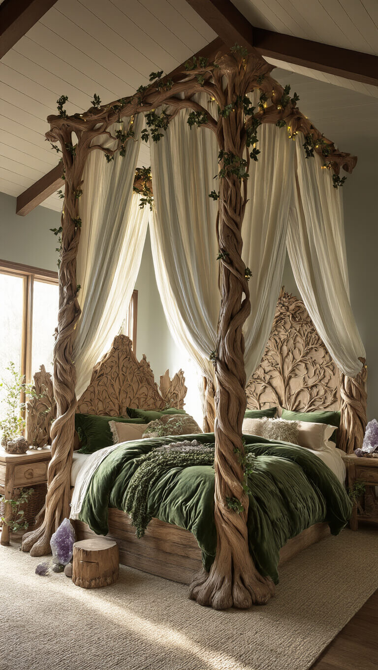 Carved oak canopy bed with vine posts and moss-green velvet bedding in a vaulted, woodland-themed bedroom at golden hour.