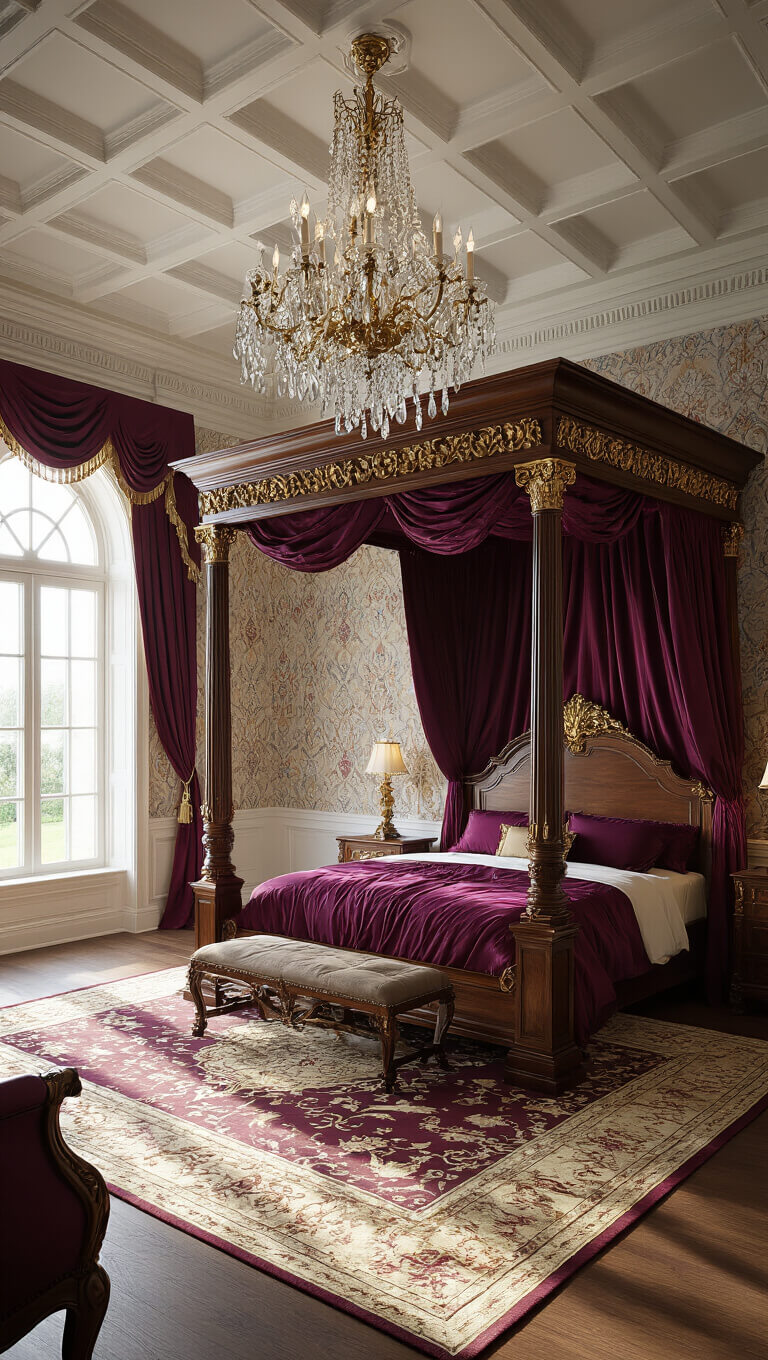 Luxurious Royal Renaissance bedroom with high coffered ceilings, arched windows, a grand mahogany four-poster bed draped in burgundy silk, crystal chandelier, and rich jewel-toned decor.