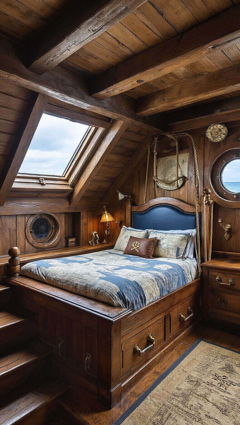 Pirate-themed bedroom with ship's helm bed, weathered wood, brass accents, and nautical decor, viewed from stern quarter angle during stormy afternoon.