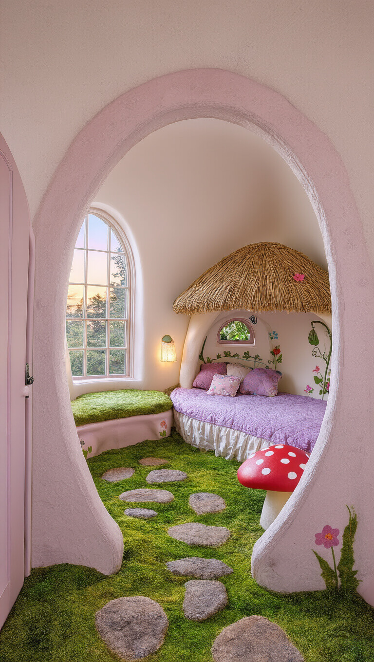 Child's-eye view of whimsical fairy cottage bedroom with mushroom-shaped bed, thatched canopy, mossy stepping stones, and pastel decor at sunrise.