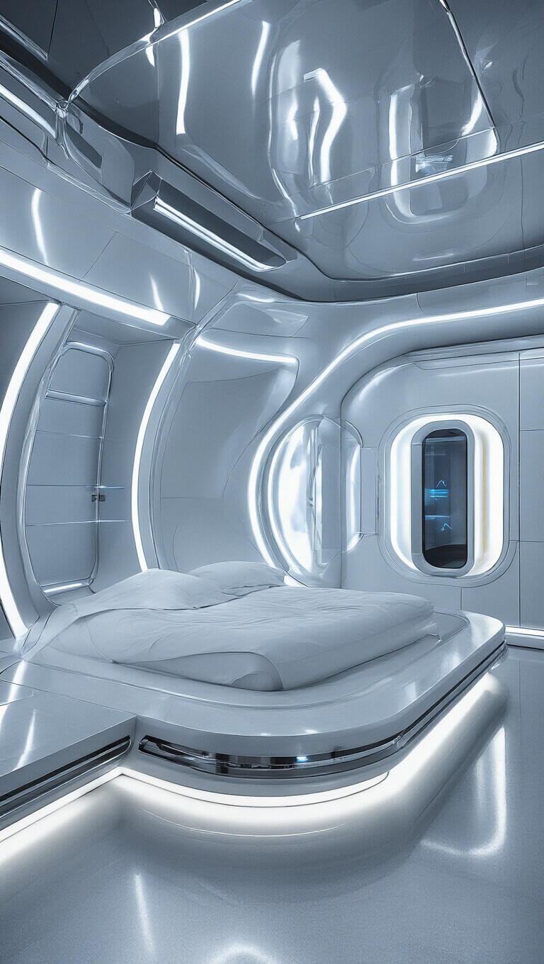 Futuristic 16x18ft space station bedroom with curved walls, sleek pod bed on glowing platform, metallic surfaces, and electric blue LED accent lighting.