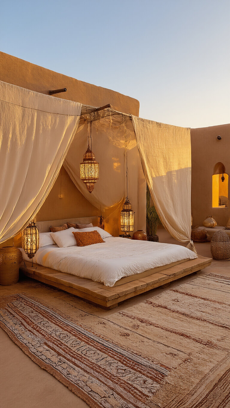 Desert oasis-style 20x22ft bedroom with adobe architecture, silk draped low platform bed, Moroccan lanterns, hand-knotted rugs, and copper accents at sunset.
