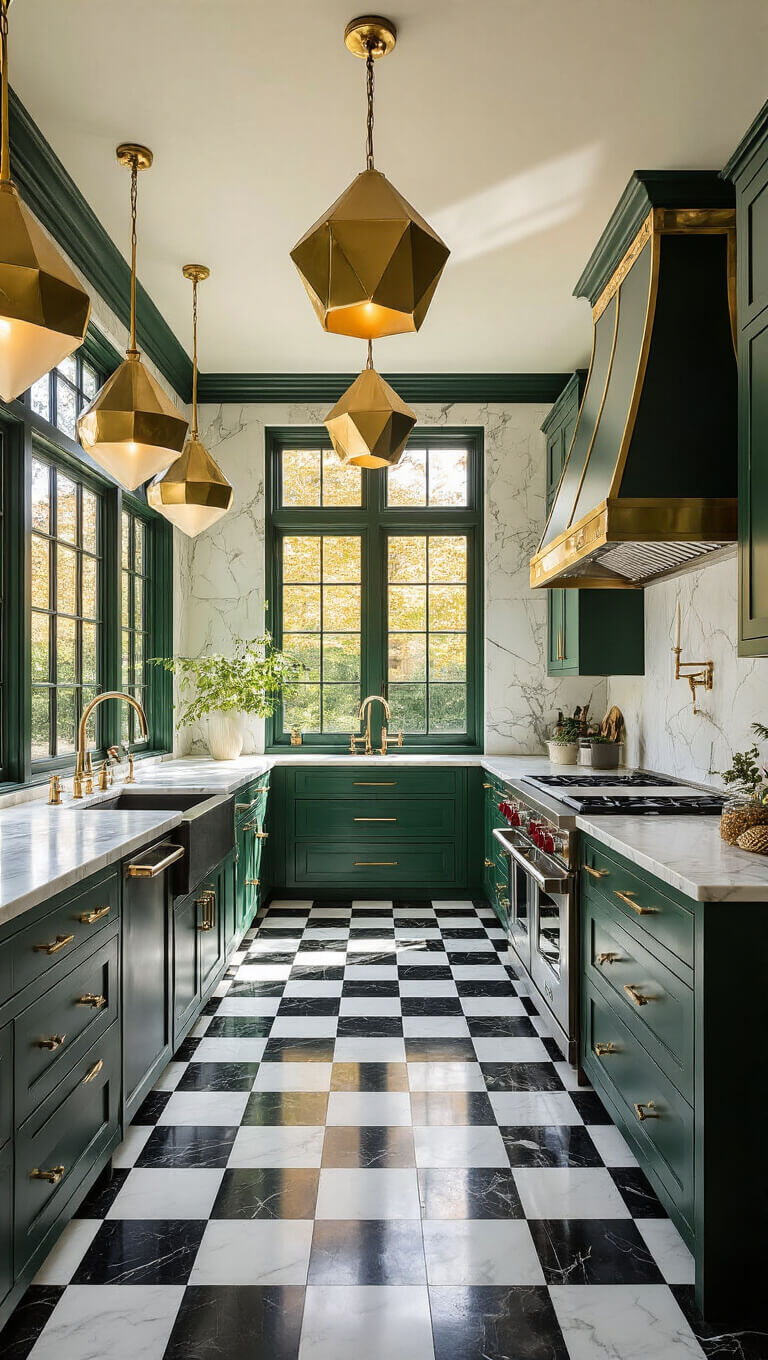 Art Deco kitchen with emerald green cabinets, brass accents, and checkerboard marble floor bathed in golden hour sunlight.