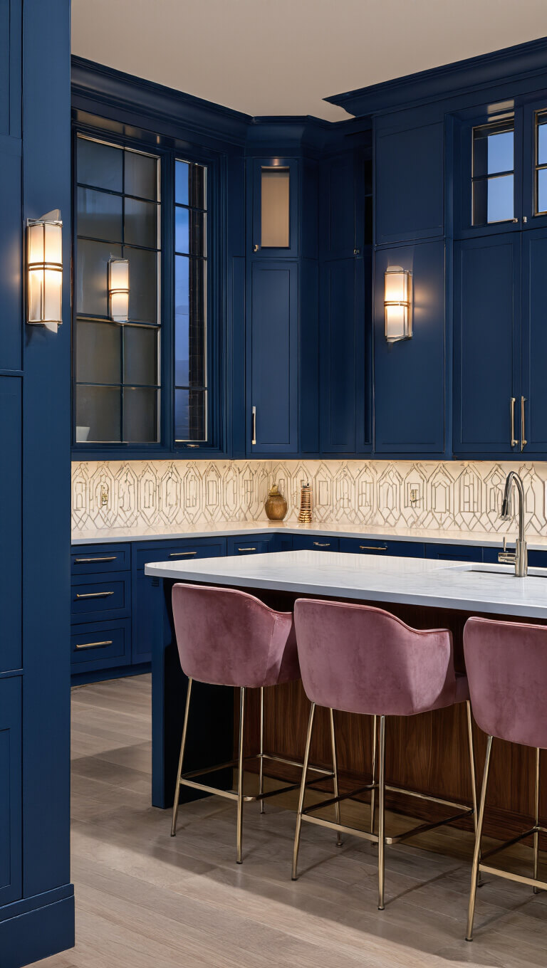 Art Deco kitchen at dusk with sapphire blue cabinets, walnut island, marble top, velvet bar stools, and moody sconce lighting.