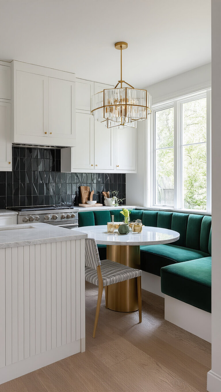 Modern Art Deco kitchen with fluted white cabinets, black geometric tile backsplash, brass hardware, emerald velvet breakfast nook, and marble countertops.