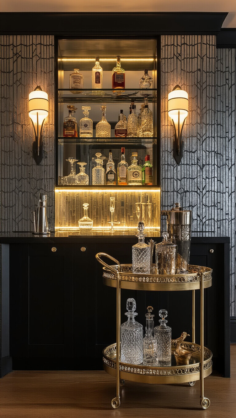 Intimate Art Deco kitchen bar with antique mirror backsplash, warm LED lighting, brass accents, and glass cabinets displaying crystal decanters.