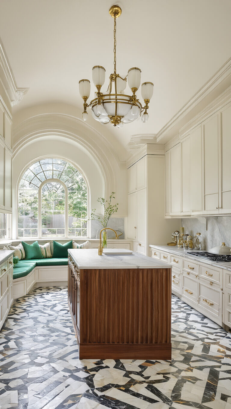 Sunlit Art Deco kitchen with 14ft barrel-vaulted ceiling, cream full-height cabinets, geometric marble floor, walnut and brass island, chandelier, and emerald-cushioned window seat.