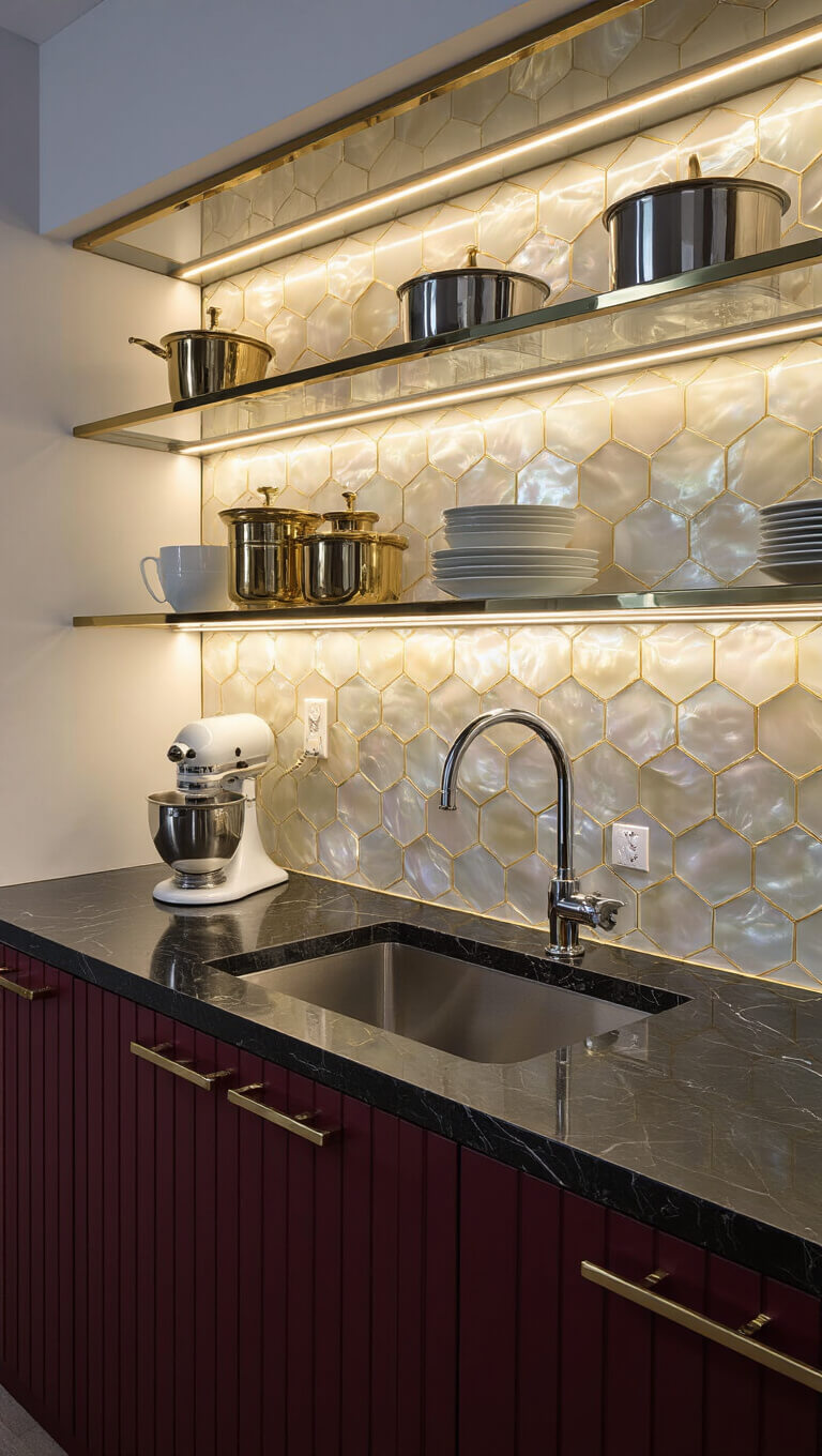 Close-up of Art Deco kitchen with illuminated mother of pearl and brass tile backsplash, black granite countertops, chrome shelves, and burgundy fluted cabinets.