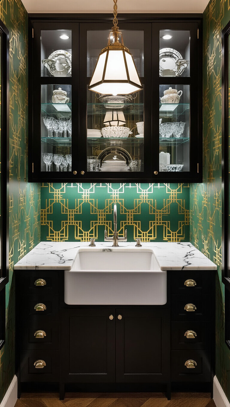 Art Deco butler's pantry at night with illuminated glass cabinets, gold geometric wallpaper, marble countertop, and vintage pendant light.