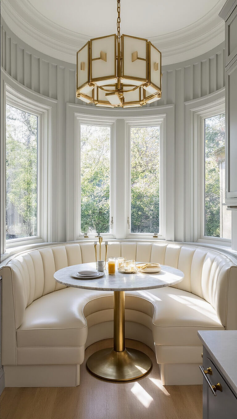 Art Deco breakfast nook with cream leather banquette, marble table, and brass chandelier in soft grey 20x24ft kitchen lit by morning light.