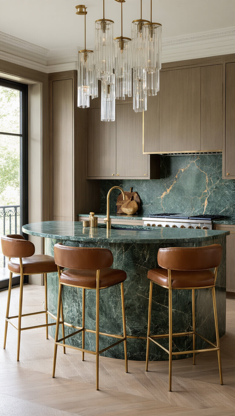 Art Deco kitchen island with green marble waterfall design, brass inlay, leather and brass geometric barstools, and cascading glass pendant lights.
