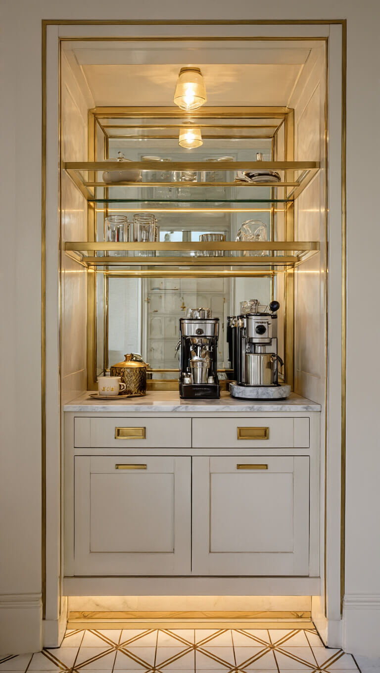 Art Deco kitchen coffee station with antique mirror, brass shelves, marble counter, and geometric cream and gold tile floor, warmly lit with under-shelf lighting.