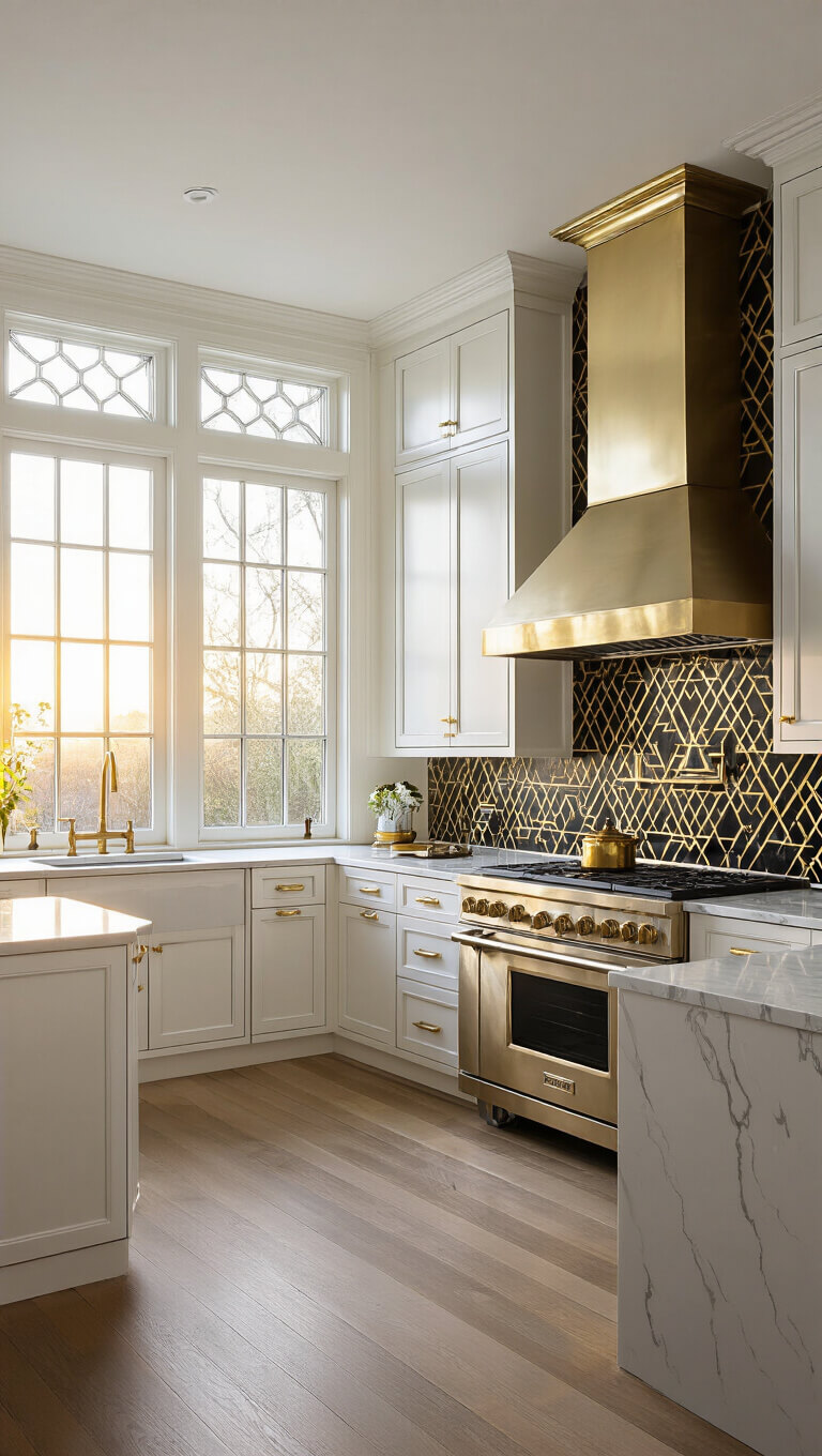 Art Deco kitchen at sunset with fluted white cabinets, brass accents, geometric black-and-gold tile backsplash, marble island, and floor-to-ceiling windows.