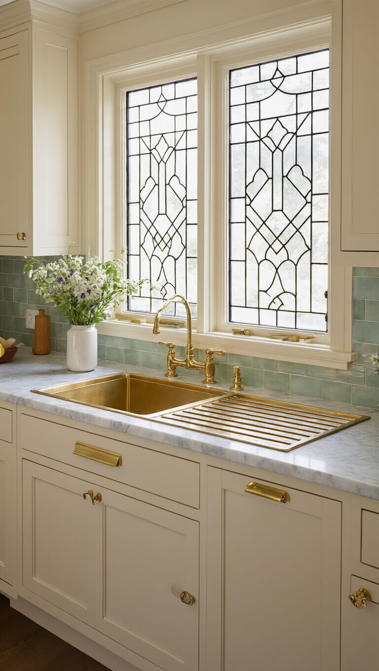 Art Deco kitchen with cream cabinets, marble countertop, brass draining board, and leaded glass window casting shadows.