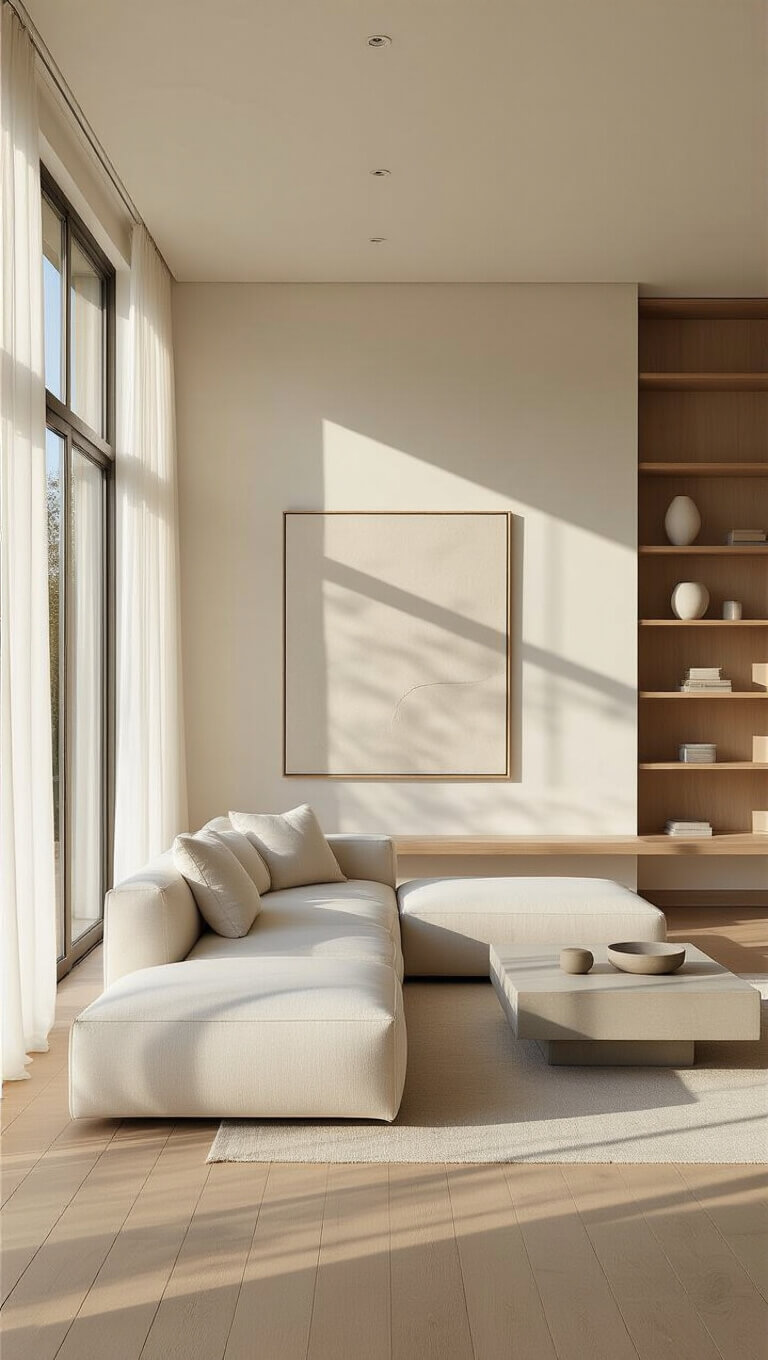 Modern minimalist living room bathed in golden hour light, featuring ivory sectional, concrete coffee table, oak flooring, and floor-to-ceiling windows with sheer curtains.