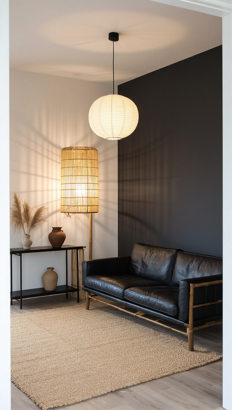 Japandi-style living room at dusk with black leather sofa, jute rug, paper lantern lighting, and minimalist decor in a cozy, symmetrical layout.