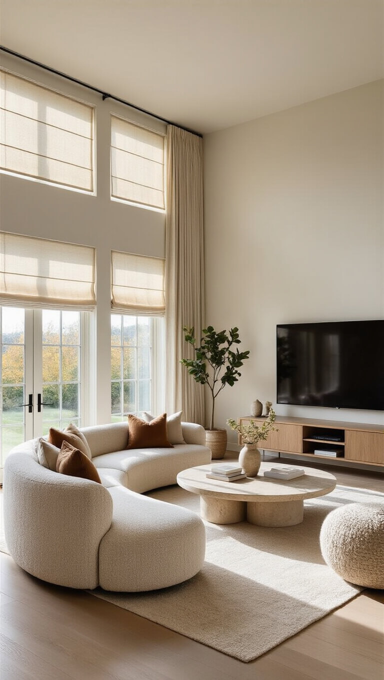 Warm minimalist 25x30ft living room with curved oatmeal bouclé sofa, travertine coffee table, floating oak media console, and double-height windows with roman shades, viewed from above in bright mid-morning light.