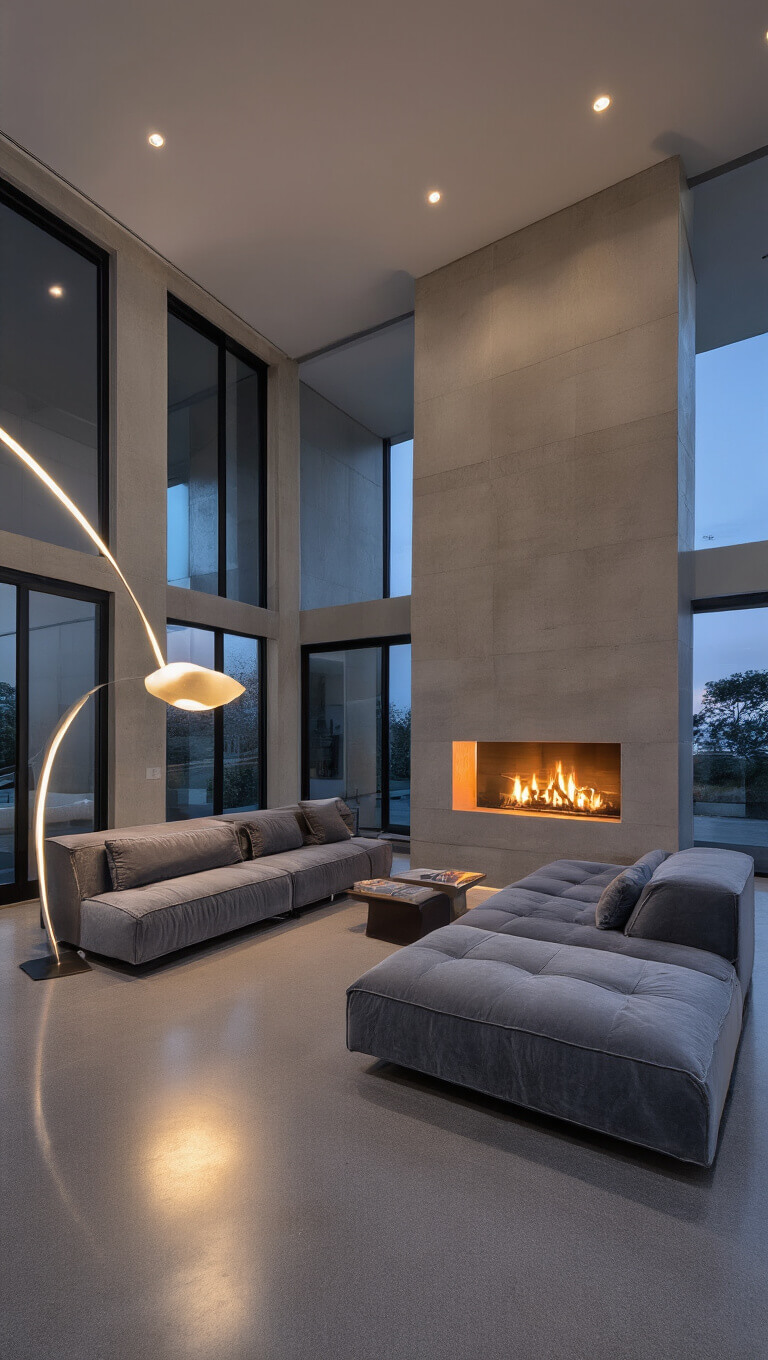 Minimalist 18x22ft living space at twilight with gray velvet seating, limestone fireplace, sculptural lighting, and polished concrete floors.