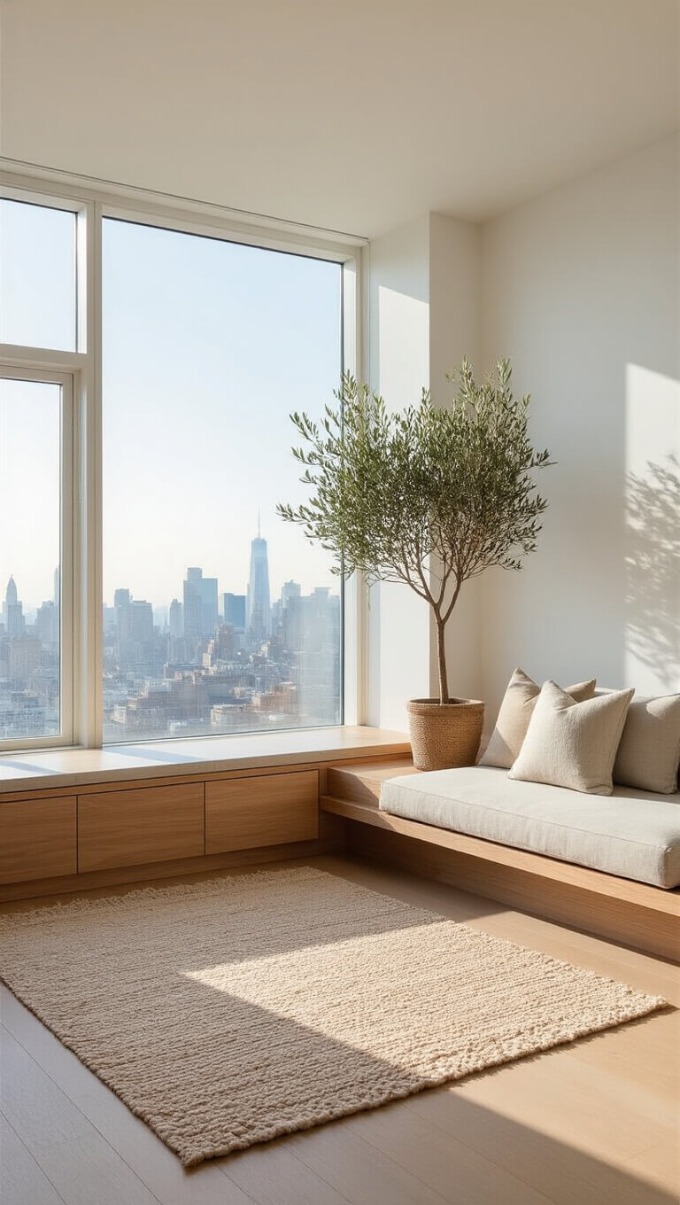 Minimalist 16x20ft corner unit at dawn with white walls, light ash flooring, walnut built-in storage, greige sofa, handwoven wool rug, olive tree, and panoramic city views in natural morning light.
