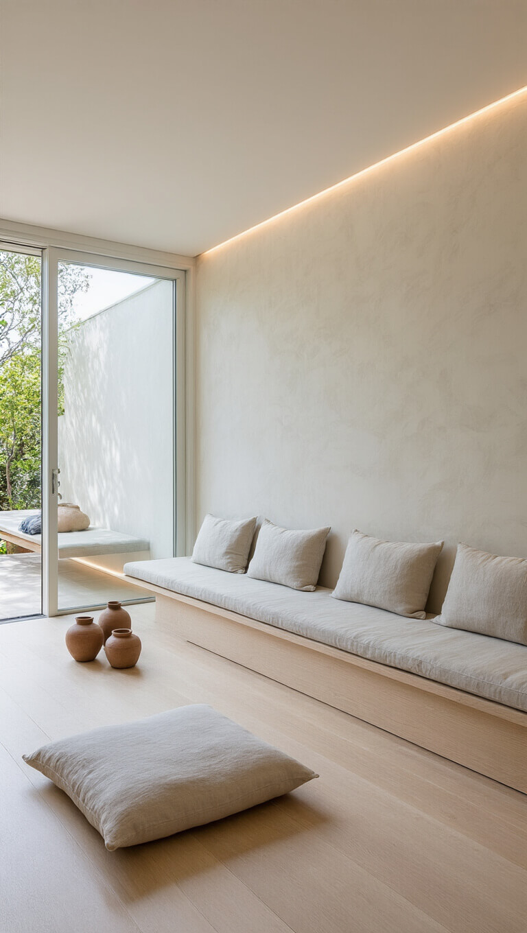 Minimalist 14x16ft sanctuary with glass doors opening to terrace, floating oak bench, linen cushions, and soft LED lighting.
