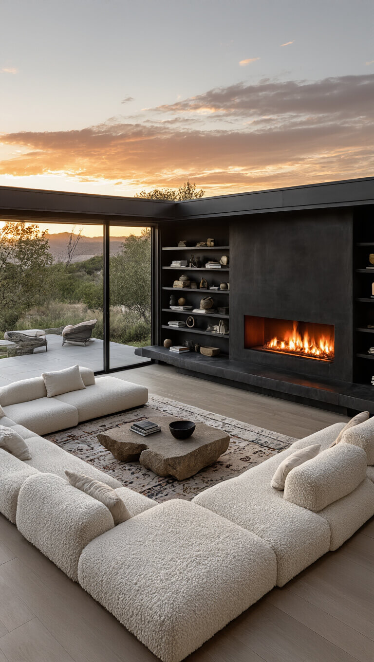 Aerial view of minimalist 22x26ft great room at sunset with blackened steel double-sided fireplace, ivory bouclé sectional, carved stone coffee table, vintage Moroccan rug, and floor-to-ceiling monochrome bookshelves.