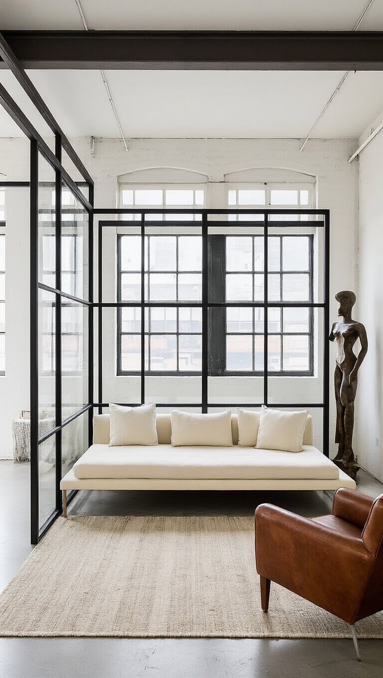 Minimalist 20x24ft loft with industrial windows, cream platform sofa, vintage leather chair, glass room divider, and abstract sculpture wall.